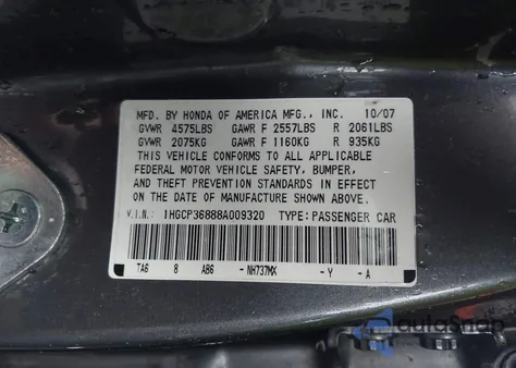 2008 Honda Accord 3.5 Ex-L из США, поврежденный, VIN 1HGCP36888A009320